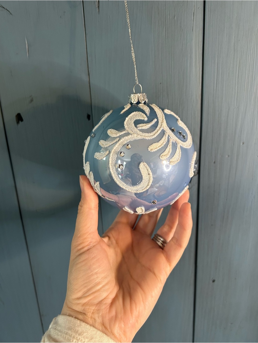 Christmas Bauble - Pale Blue Glass Ornament with White Glitter Swirls
